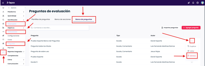 Porque no me deja eliminar un Banco de Preguntas en el módulo de evaluaciones